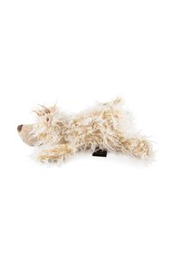 Stofftierhund mit lockigem, cremefarbenem Fell. Brauner Schnauze und Ohren, weicher Körper und ein sichtbares Stoffetikett an der Seite.