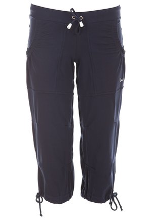Navy blue capri pants made of soft fabric, featuring a drawstring waist and side pockets, with elastic cuffs at the hem.