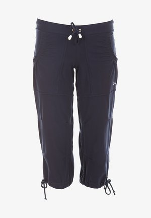Navy blue capri pants made of soft fabric, featuring a drawstring waist and side pockets, with elastic cuffs at the hem.