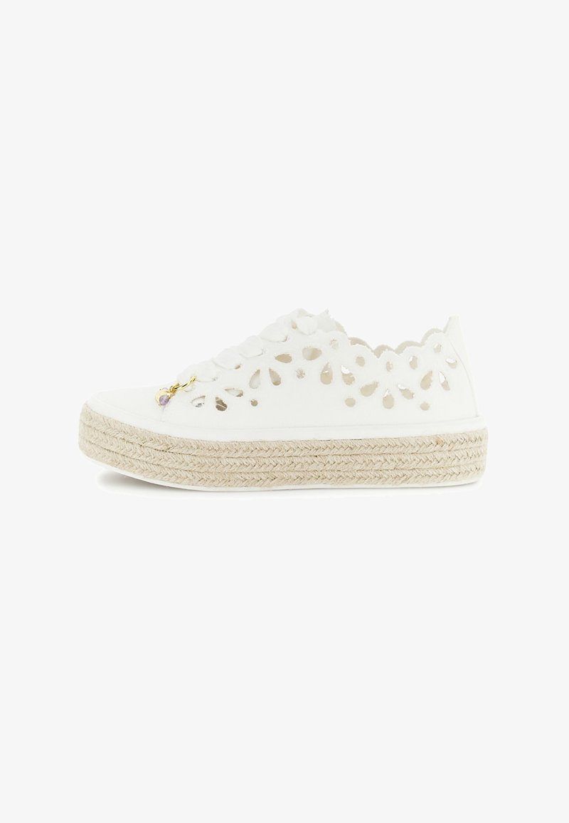 Chaussure à plateforme blanche à lacets avec découpes florales perforées et semelle en jute tressée, vue de profil sur fond blanc.