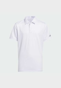 Biała koszulka polo z krótkim rękawem, z trzema guzikami i kołnierzykiem, z małym logo Adidas na lewym rękawie.