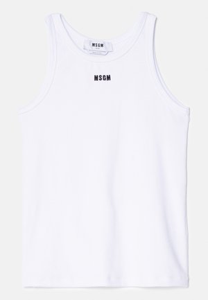 Camiseta sin mangas de algodón blanco con textura acanalada, que presenta un logotipo bordado en negro "MSGM" centrado en el pecho. Diseño simple y limpio.