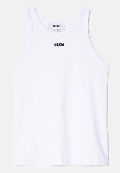 Débardeur en coton blanc avec une texture côtelée, présentant un logo brodé noir "MSGM" centré sur la poitrine. Design simple et épuré.