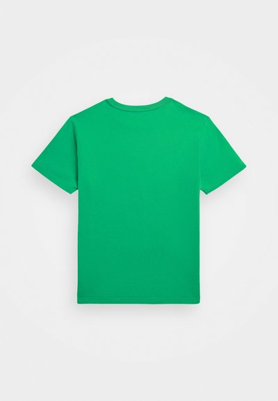 Grønn bomull t-skjorte med korte ermer, rund hals og jevn tekstur. Bakfra vises det et enkelt design uten logoer eller mønstre.
