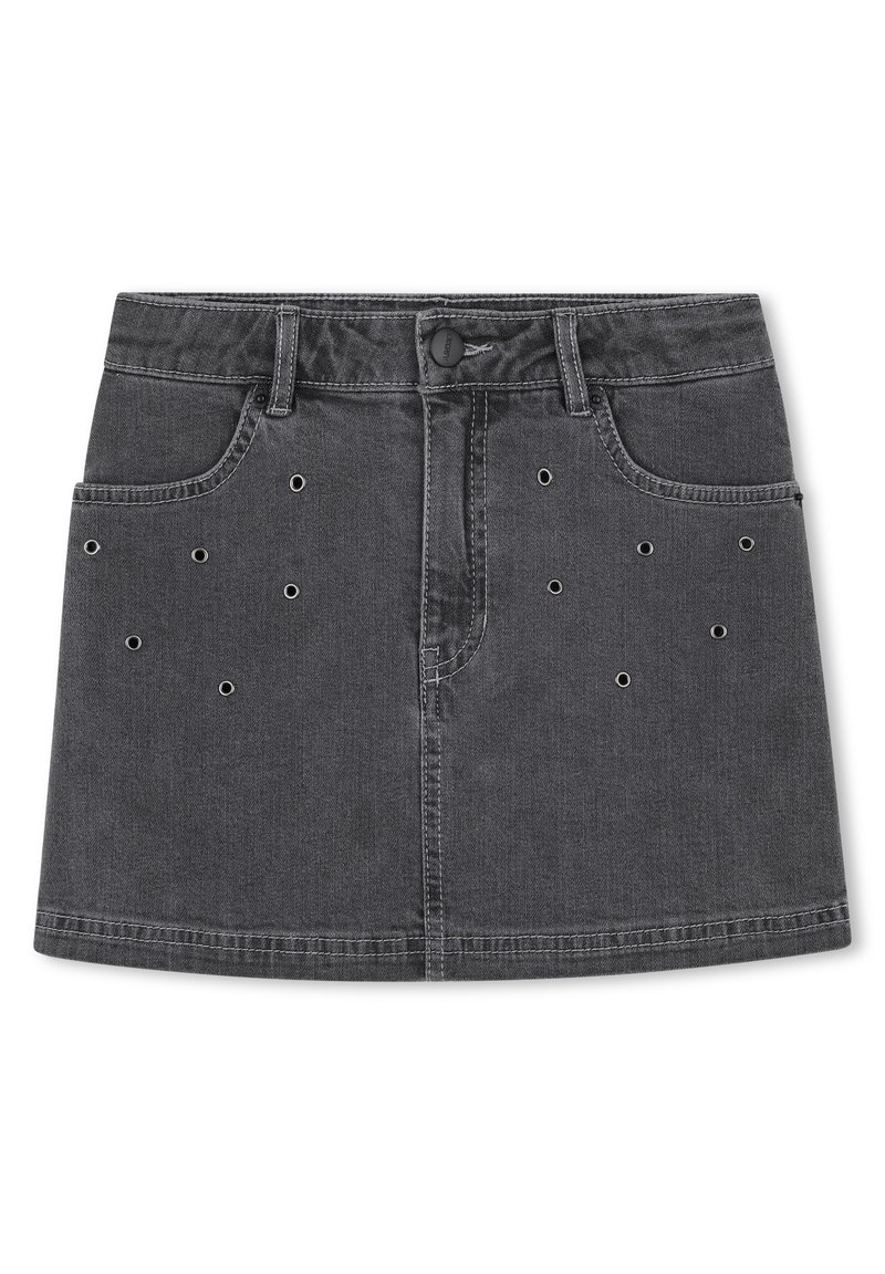 Zwarte denim mini-jurk met voorzakken, riemlussen en verspreide kleine metalen oogjes aan beide zijkanten.