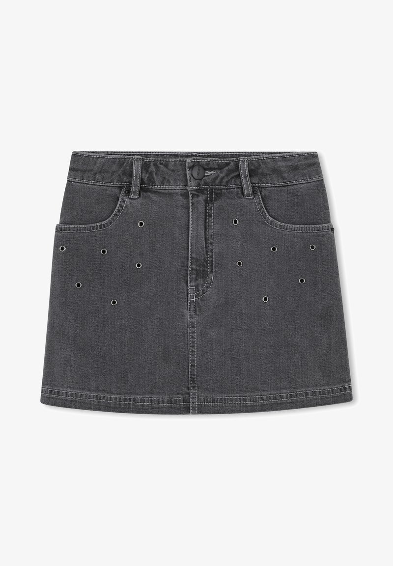 Zwarte denim mini-jurk met voorzakken, riemlussen en verspreide kleine metalen oogjes aan beide zijkanten.