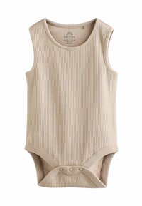 Beige infant bodysuit made of ribbed cotton, featuring a round neckline and snap closures at the bottom for easy dressing.