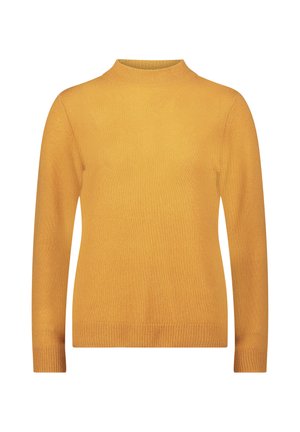 Pull en tricot jaune avec des manches longues, un col montant et des bords côtelés au niveau des poignets et de l'ourlet. Texture lisse et design simple sans motifs.