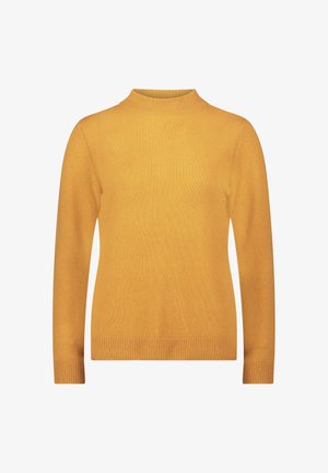 Maglione giallo a maglia con maniche lunghe, colletto alto e polsini e orlo a coste. Texture liscia e design semplice senza motivi.