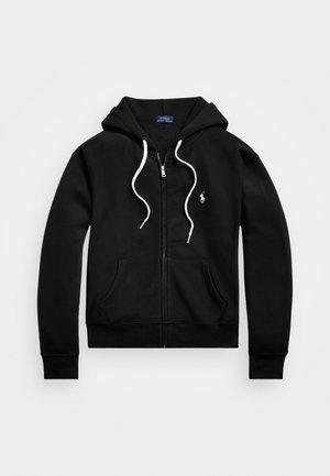 Zwarte ritssluiting hoodie van katoen met een zachte textuur, voorzien van een voorzak in kangoeroestijl, witte trekkoorden en een klein geborduurd logo.