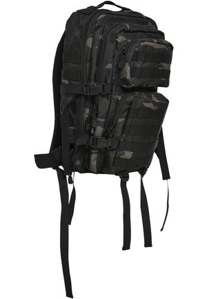 Black camouflage tactical backpack with multiple zippered compartments, reinforced straps, and modular webbing for attachment of accessories.