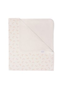 Baumwolldecke mit weicher Textur, mit hellem Cremehintergrund und kleinen orangenen Regenbogenmustern. Maschinenwaschbar, weiche Kanten.