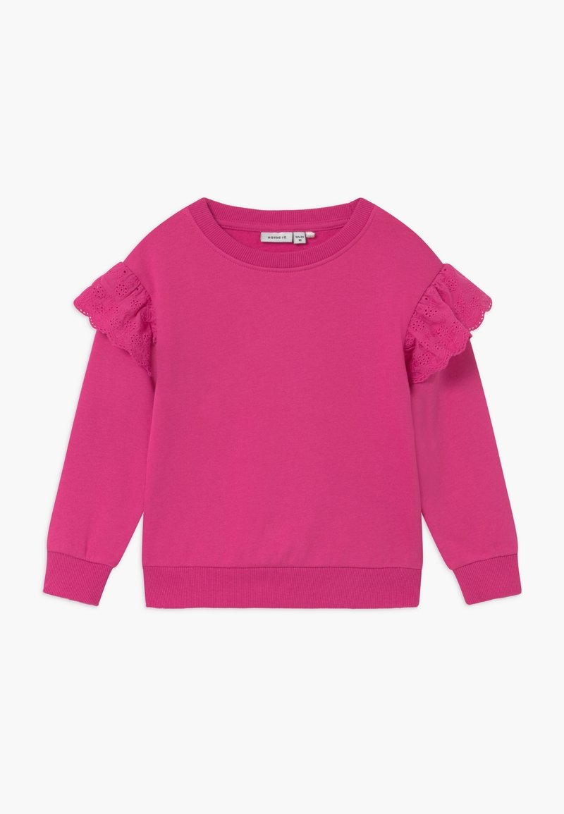 Sweat-shirt rose vif à manches longues avec encolure ronde et détails de volants en dentelle ajourée sur les coutures des épaules.