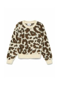 Flauschiger Langarmpullover mit braunem und schwarzem Leopardenmuster auf cremefarbenem Hintergrund sowie Rippenbündchen und -saum.