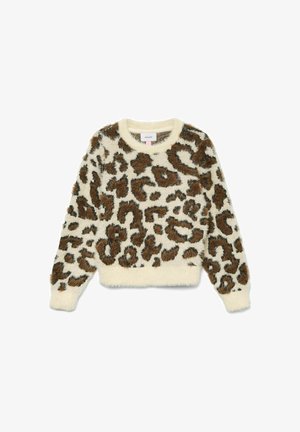 Suéter de manga larga difusa con estampado de leopardo marrón y negro sobre fondo crema y puños y dobladillo acanalados.