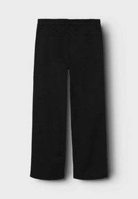 Zwarte, wijde broek met een soepele textuur, twee achterzakken en een op maat gemaakte tailleband, met een minimalistisch ontwerp.