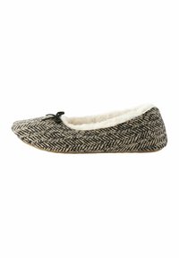 Black and beige herringbone-patterned slipper, featuring a soft, plush lining and a small black bow accent on the front. Flat sole design.