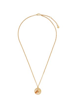 Złoty łańcuszek z okrągłą zawieszką z głową lisa i wzorem gwiazdy na białym tle.