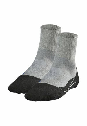 Ein Paar graue und schwarze Socken mit gerippten Bündchen, gepolsterten Sohlen und verstärkten Zehen- und Fersenbereichen.