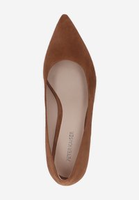 Brown suede pointed-toe flat shoe with a smooth inner lining and a minimalist design, featuring a high arch and no visible hardware.