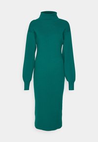 Robe en tricot bleu sarcelle avec un col montant, des manches longues bouffantes et des poignets côtelés. Silhouette ajustée, longueur genou avec une texture lisse.