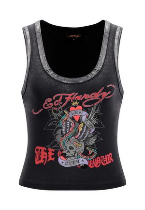 Zwarte mouwloze tanktop met een zilveren accent bij de hals. Heeft een kleurrijke grafiek van een schedel met slangen en vleugels, met de tekst "Ed Hardy New York."