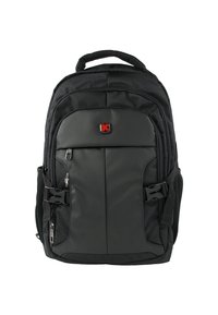 Zwarte rugzak gemaakt van duurzaam fabric, met een glad voorpaneel, meerdere ritszakken, verstelbare banden en een handvat aan de bovenkant.