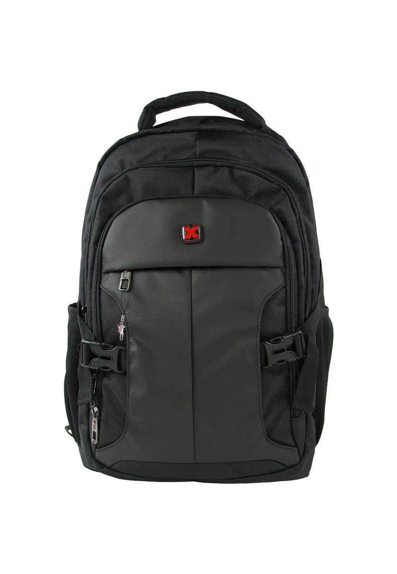 Zwarte rugzak gemaakt van duurzaam fabric, met een glad voorpaneel, meerdere ritszakken, verstelbare banden en een handvat aan de bovenkant.