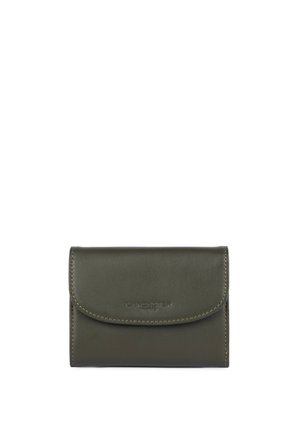 Compact dark green leather wallet with a flap closure and subtle stitching, centered on a white background.