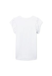 Camicia bianca a maniche corte con dettagli arricciati sulle spalle, scollatura rotonda e un tessuto leggero e morbido.