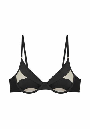 Black bra with sheer panels and contrasting fabric. Features adjustable straps and a smooth finish. Simple design with minimal hardware accents.