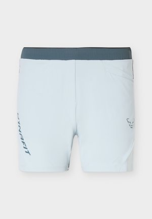Shorts de sport bleu clair avec taille élastique foncée, petite poche avant et marquage sur la jambe gauche et la cuisse droite.