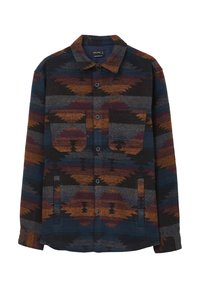 Giacca camicia in tessuto con un motivo geometrico nei toni blu, arancione e grigio. Presenta un'apertura con bottoni e due tasche sul petto.