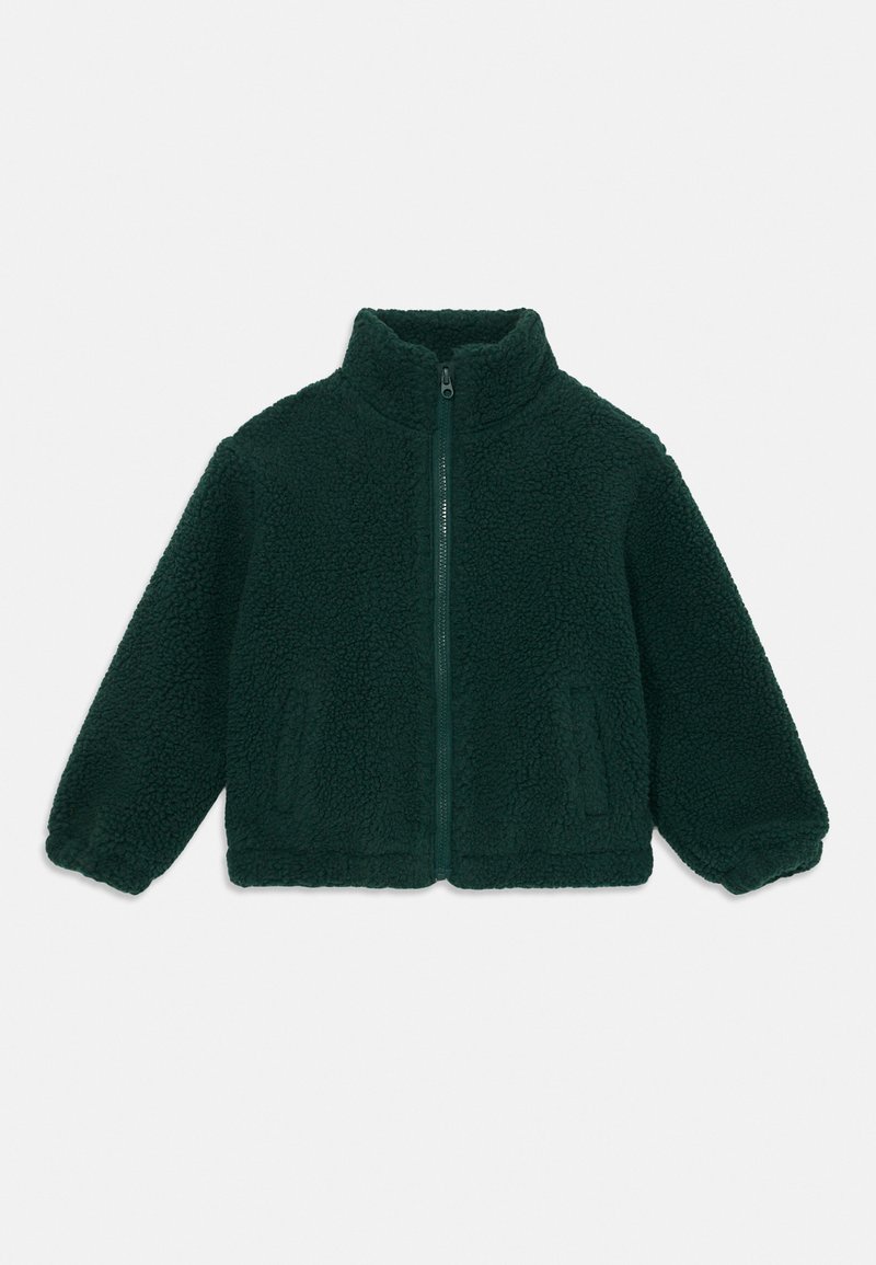 Zelená fleece bunda s vysokým golierom, predným zipsom a bočnými vreckami. Mäkká textura s mierne voľným strihom. Žiadne viditeľné vzory ani akcenty.