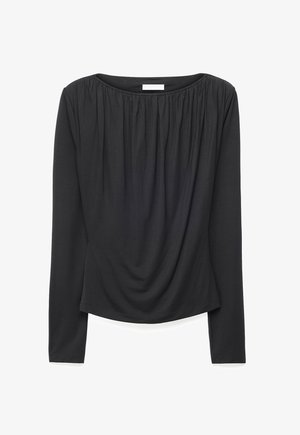 Melnas ar garām piedurknēm blūze ar savākto apkakli un maigu drapējumu priekšpusē, veidota pieguļošai siluetam.