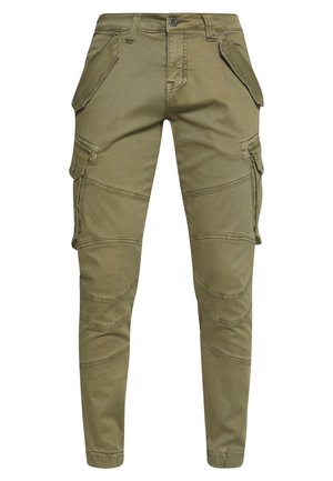 Olivgrüne Cargo-Hosen aus Baumwollmischung mit mehreren Seitentaschen, schmal zulaufendem Design und detaillierten Nähten entlang der Beine.