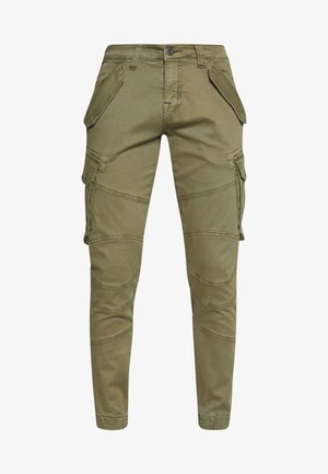 Olivgrüne Cargo-Hosen aus Baumwollmischung mit mehreren Seitentaschen, schmal zulaufendem Design und detaillierten Nähten entlang der Beine.