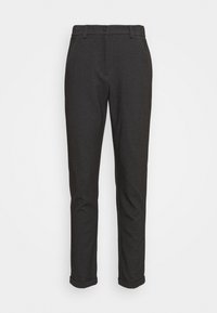 Pantalon de costume slim gris foncé texturé avec bouton et passants de ceinture, doté d'ourlets retroussés et de poches latérales.