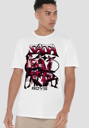 White cotton t-shirt featuring a graphic print of four stylized characters in red and black clothing, with the text "SAJA BOYS" below.