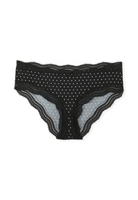 Schwarze Damen-Slips mit weißen Punkten, die eine zarte Spitzenverzierung an den Rändern und eine kleine Schleife in der vorderen Mitte aufweisen.