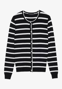 Černobílý pruhovaný kardigan s dlouhými rukávy, zapínáním na knoflíky s perlovými detaily a kulatým výstřihem.