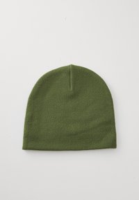 Plain olive green knitted winter beanie hat laid flat on a white background.