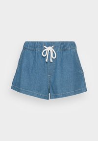 Blå denimshorts med elastisk midja och vit snörning, med sidofickor och synlig söm.
