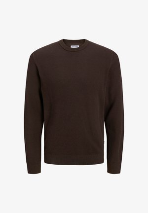 Mørkebrun strikket crewneck sweater med struktureret mønster, lange ærmer og ribbede manchetter og kant.