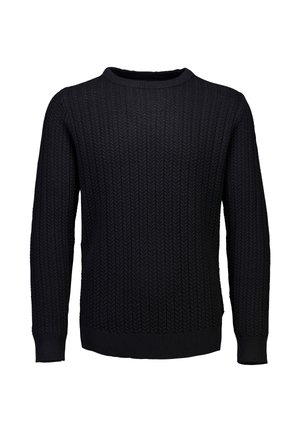 Schwarzer gestrickter Pullover mit Rundhalsausschnitt und gerippten Bündchen und Saum, der ein strukturiertes Zickzackmuster auf der Vorderseite und an den Ärmeln aufweist.