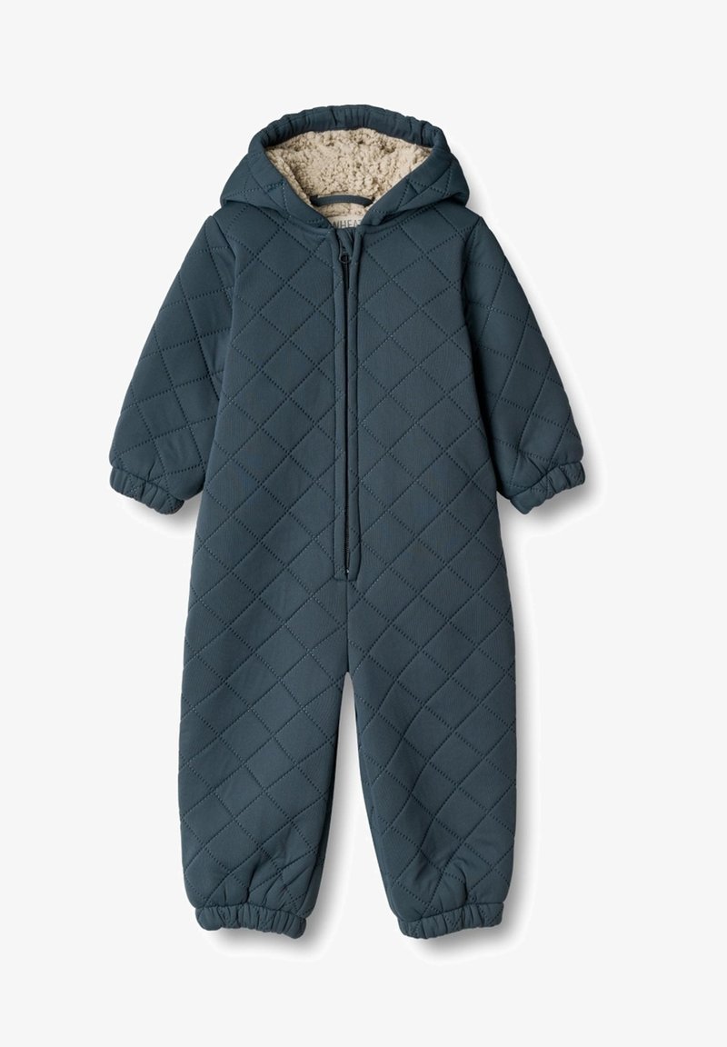 Combinaison de neige une pièce en tilleul foncé matelassée avec une douce doublure en fausse fourrure, capuche, fermeture éclair et poignets élastiques aux poignets et chevilles.