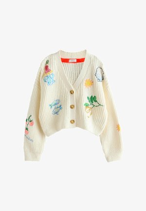 Kreemikas kootud kardigan kolme pruuniga nupuga, millel on värvikad tikitud kujutised kaladest, taimedest, päikesest ja kirssidest.