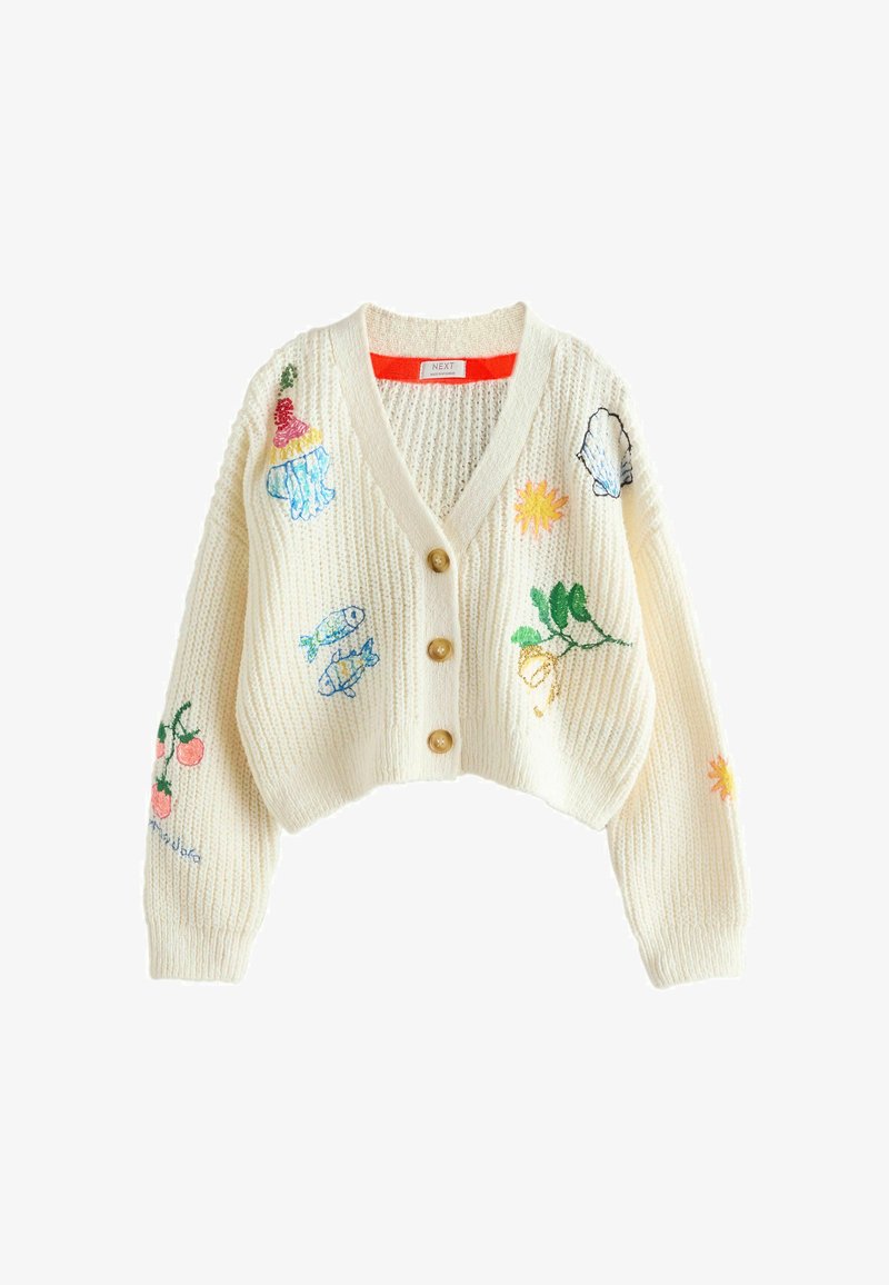 Cream knit cardigan with three brown buttons, featuring colorful embroidered designs of fish, plants, sun, and cherries.