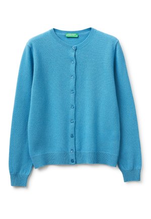 Blauer langärmliger Cardigan mit rundem Ausschnitt und Knopfleiste vorne, aus weichem Strickstoff, Etikett mit der Aufschrift United Colors of Benetton.