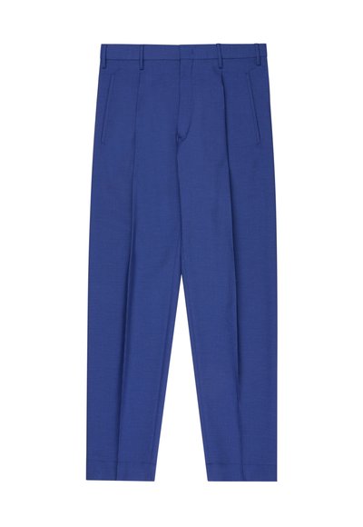 Blue tailored trousers with front pleats, side slit pockets, belt loops, and a slim fit design.